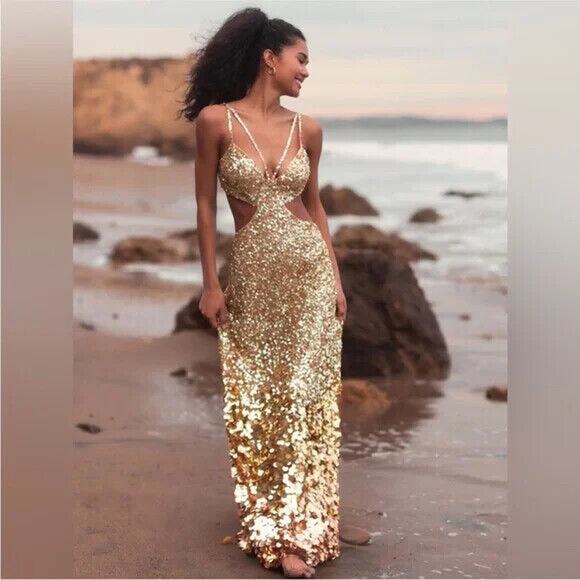 Mac Duggal 6077 Thin Strap Cut out Gown with Ombre Sequins Gold Sz 4 NEW - Picture 1 of 9